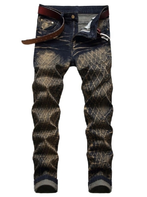 Jeans Masculinos Geométricos Retos Desgastados Com Cintura Média Vintage