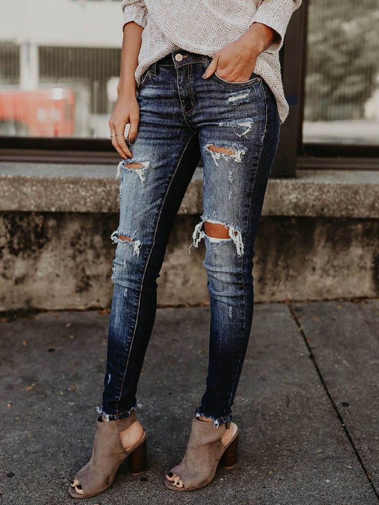 Jeans Skinny Denim Ripped Feminino