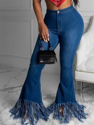 Jeans Tassel Bellbottoms Liso Zipper Slim Feminino
