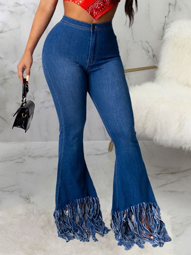 Jeans Tassel Bellbottoms Liso Zipper Slim Feminino