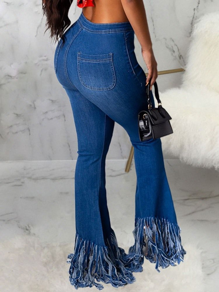 Jeans Tassel Bellbottoms Liso Zipper Slim Feminino
