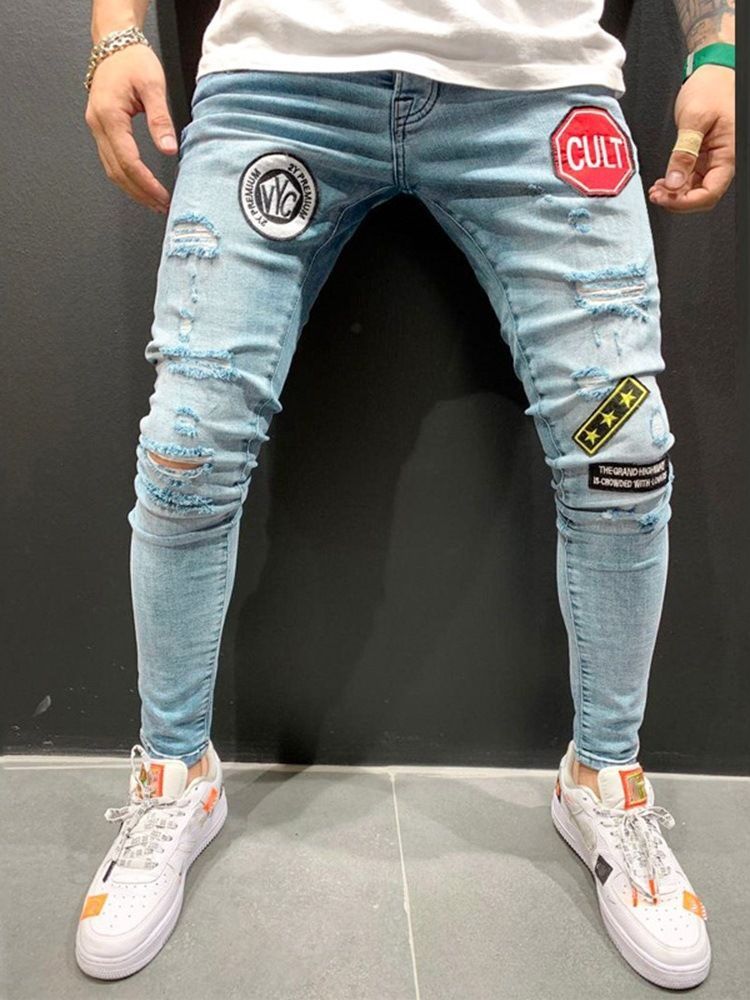 Lápis Letter Hole Estilo Casual Cintura Média Calça Jeans Masculina