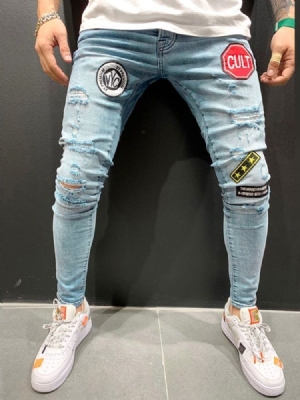 Lápis Letter Hole Estilo Casual Cintura Média Calça Jeans Masculina