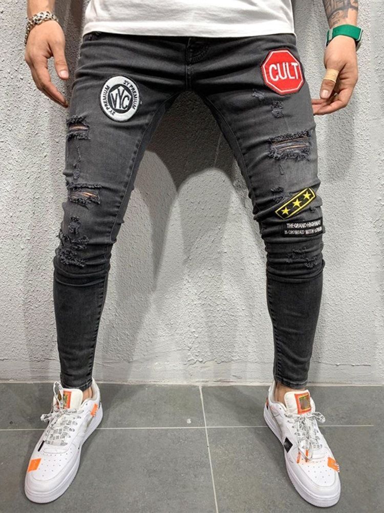 Lápis Letter Hole Estilo Casual Cintura Média Calça Jeans Masculina
