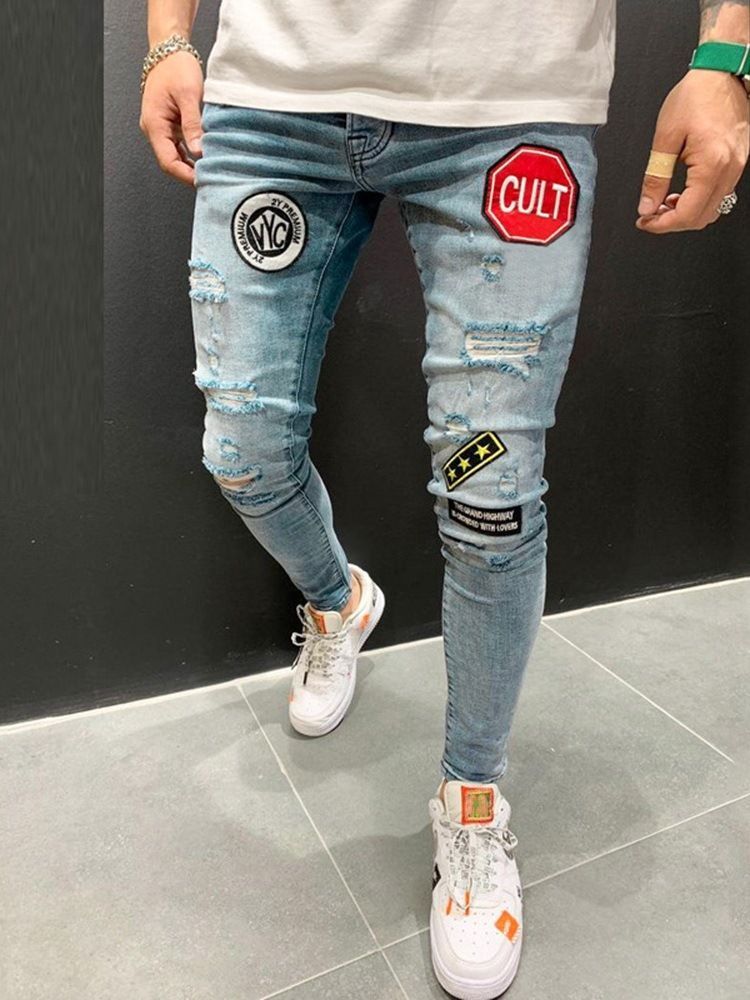 Lápis Letter Hole Estilo Casual Cintura Média Calça Jeans Masculina