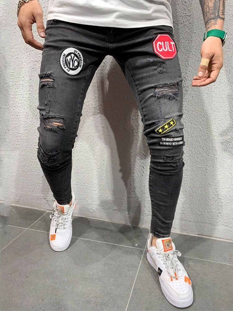 Lápis Letter Hole Estilo Casual Cintura Média Calça Jeans Masculina