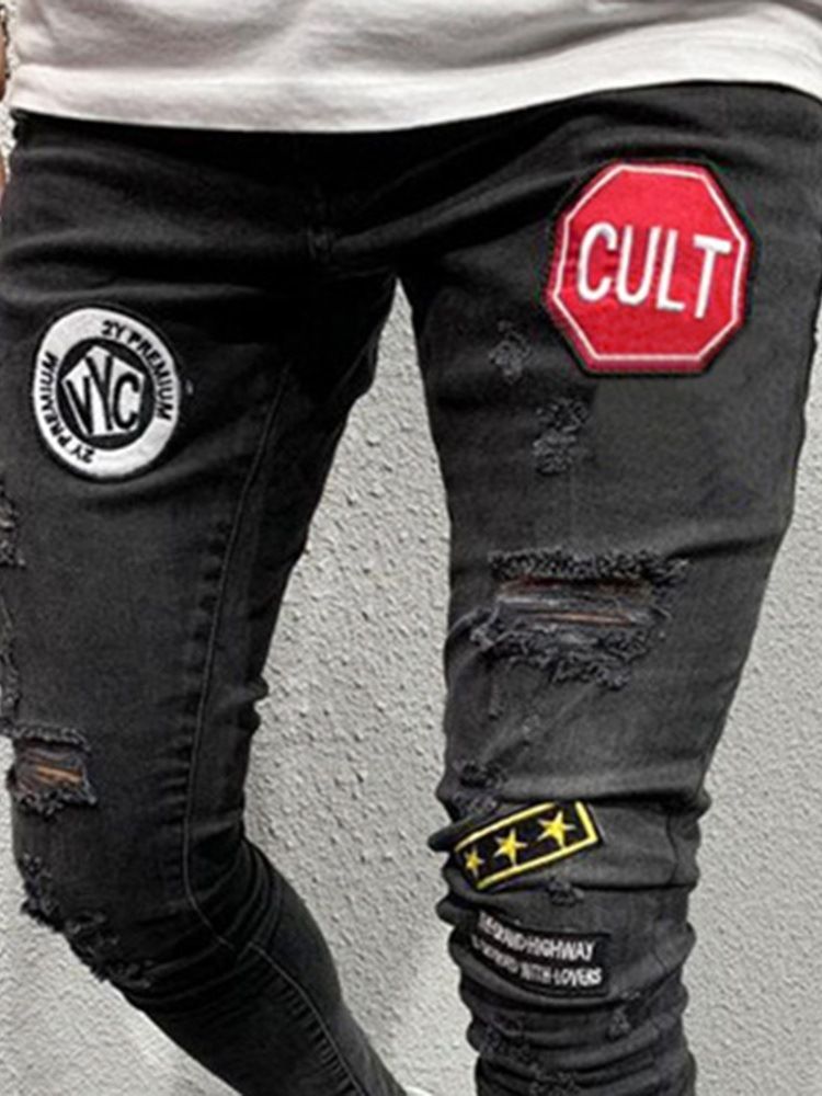 Lápis Letter Hole Estilo Casual Cintura Média Calça Jeans Masculina