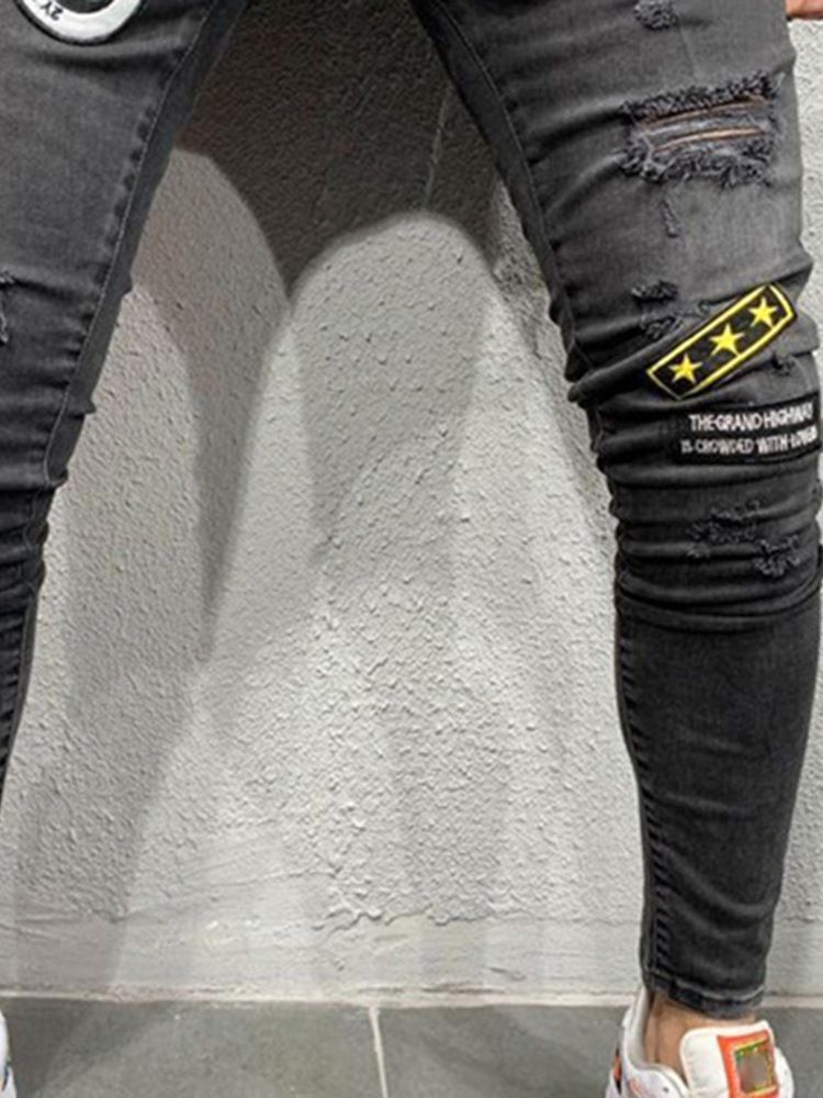 Lápis Letter Hole Estilo Casual Cintura Média Calça Jeans Masculina