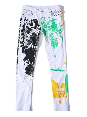 Moda Africana Dashiki Zipper Straight Color Block Cintura Média Calça Jeans Masculina