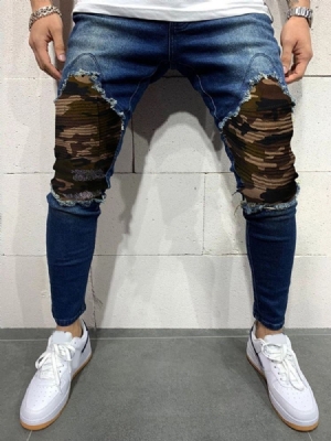 Patchwork Camuflagem Calça Lápis De Cintura Média Calça Jeans Masculina Europeia