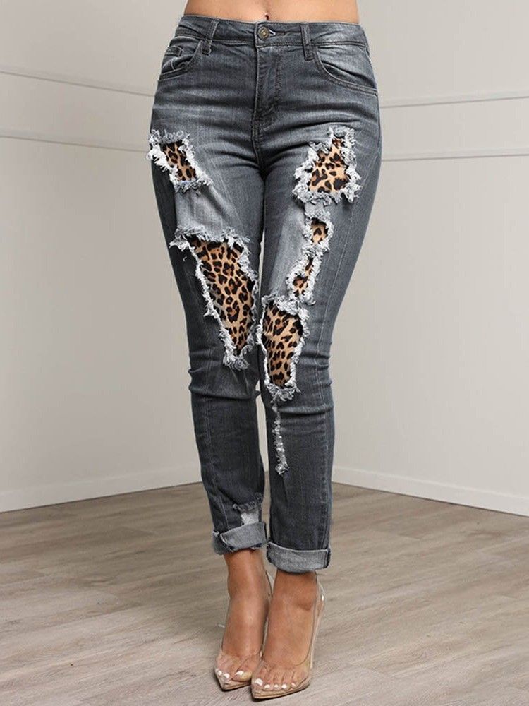Patchwork Leopard Pencil Calça Zipper Feminino Jeans Slim