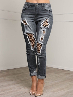 Patchwork Leopard Pencil Calça Zipper Feminino Jeans Slim