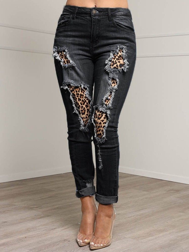 Patchwork Leopard Pencil Calça Zipper Feminino Jeans Slim