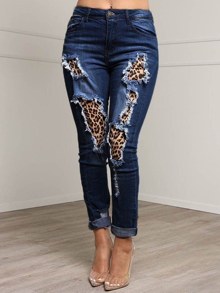 Patchwork Leopard Pencil Calça Zipper Feminino Jeans Slim