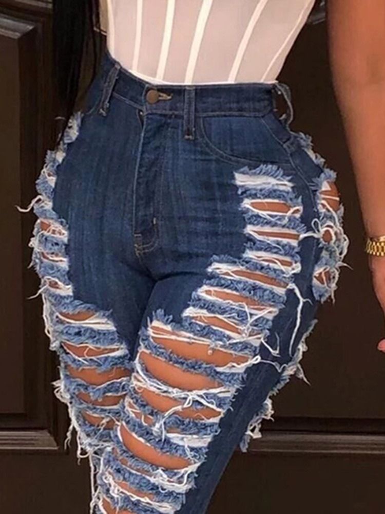 Pencil Pants Hole Skinny Zipper Feminino