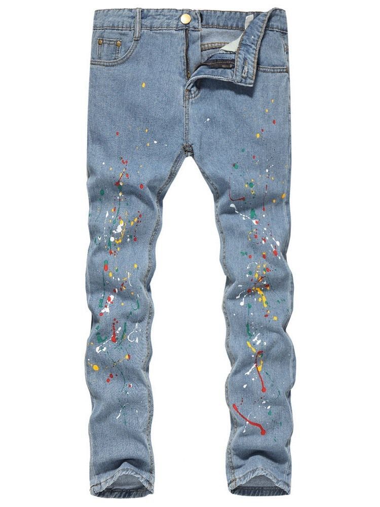 Respingos De Tinta Masculina Color Block Straight Zipper European Jeans