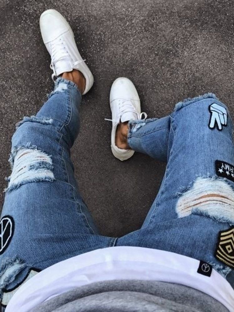 Roupas Masculinas Jeans Skinny Rasgados Azuis