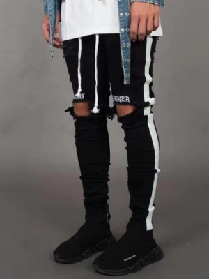 Side Striped Color Block Mens Casual Ripped Jeans