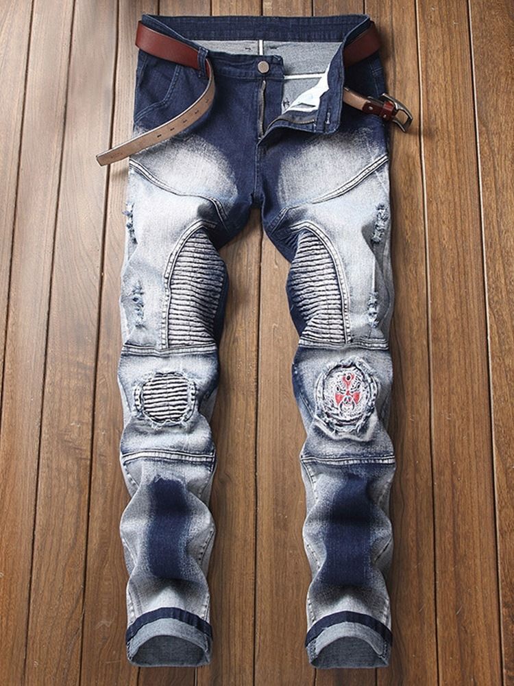 Straight Colour Blockwork Patchwork Cintura Média Masculina Slim Jeans