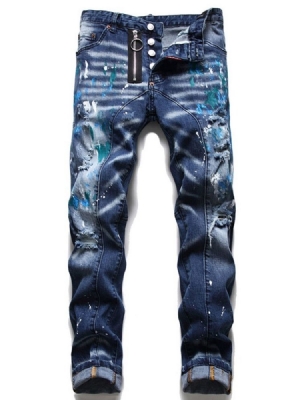 Straight Paint Splatters Masculino Com Botão Jeans Europeus