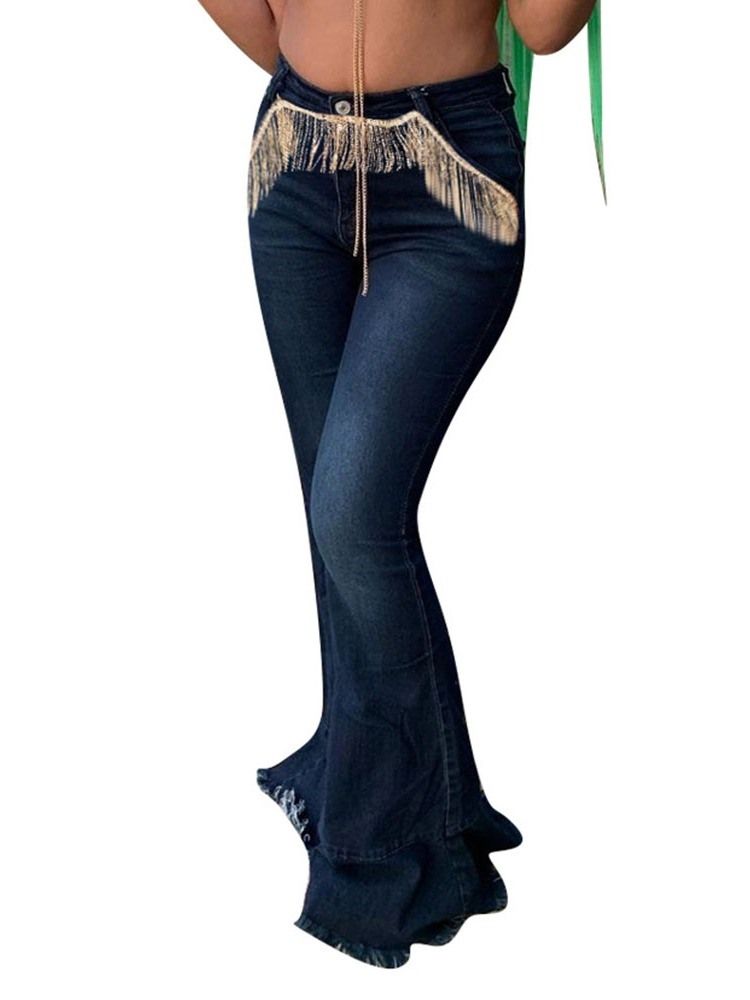 Tassel Bellbottoms Feminino Color Block Cintura Alta Calça Jeans Slim