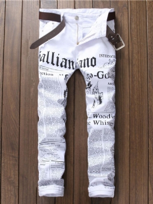 White Denim Letter Print Vogue Slim Homens Jeans