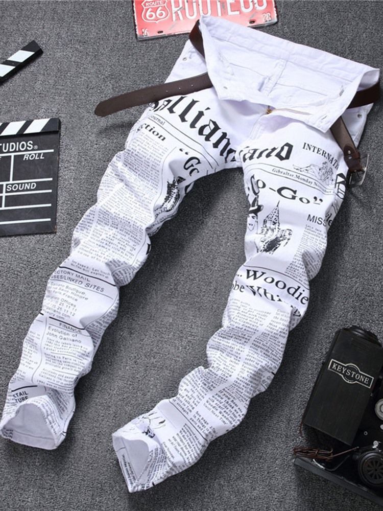 White Denim Letter Print Vogue Slim Homens Jeans