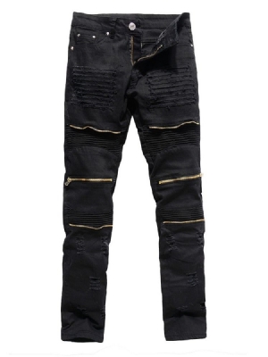 Zíper Reto Liso Com Zíper Cintura Média Calça Jeans Masculina