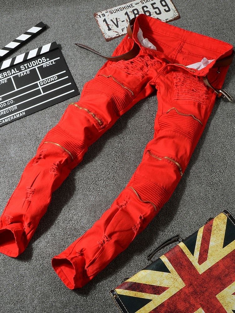 Zíper Reto Liso Com Zíper Cintura Média Calça Jeans Masculina