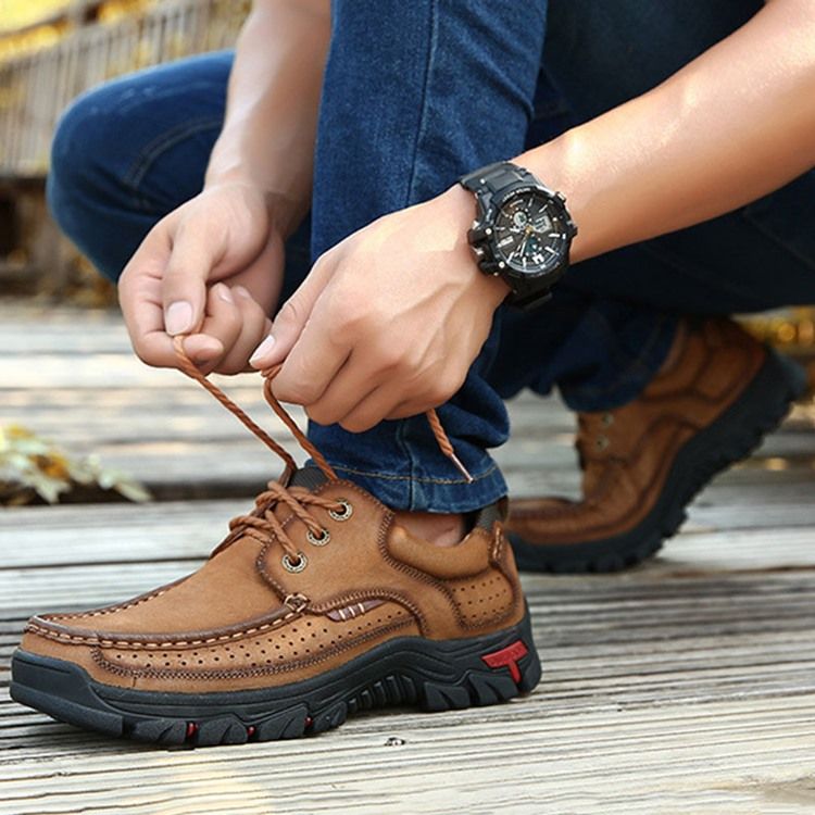 Sapatos De Caminhada Masculinos Com Biqueira Quadrada Com Cordões