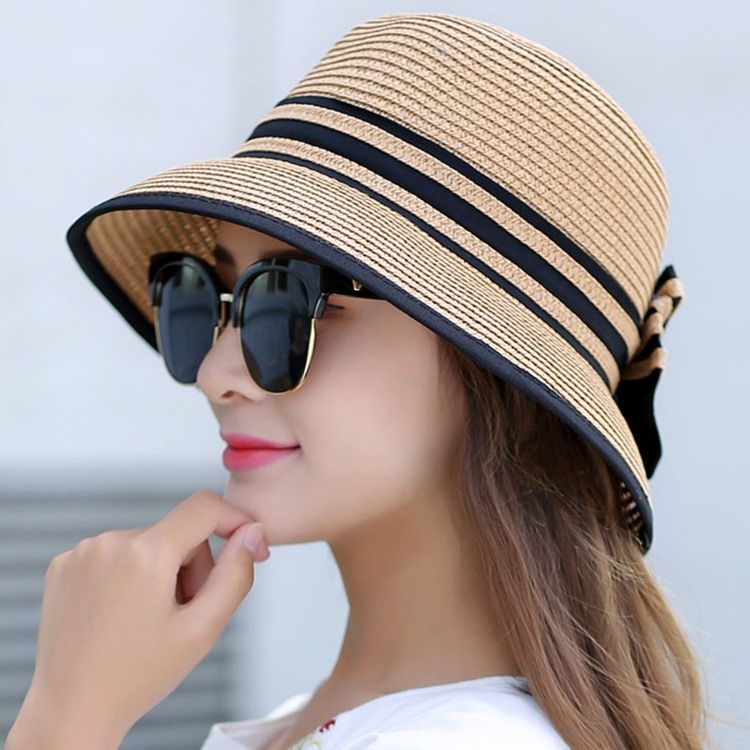 Boné De Verão Dobrável Feminino Com Design De Listra Bowknot