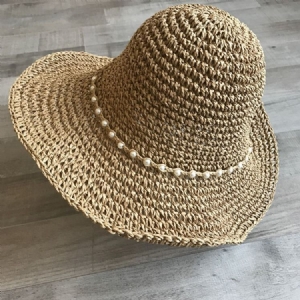 Chapéu Feminino Trançado De Palha Artigo Pearl Summer Plain