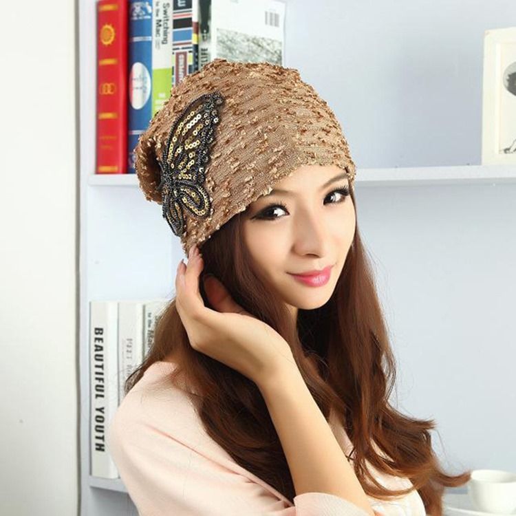 Sweet Soild Color Paillette Lace Butterfly Mulher Chapéu Quente