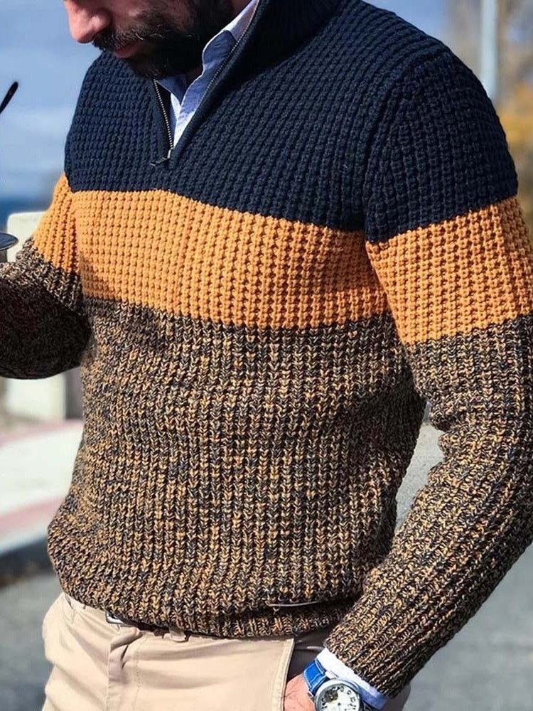 Bloco De Cores Padrão Casual Estilo Solto Suéter Masculino