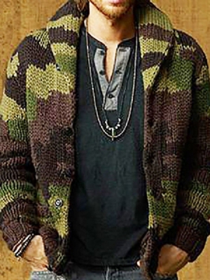 Camisola Masculina De Lapela Camuflagem Padrão De Inverno Com Peito Único