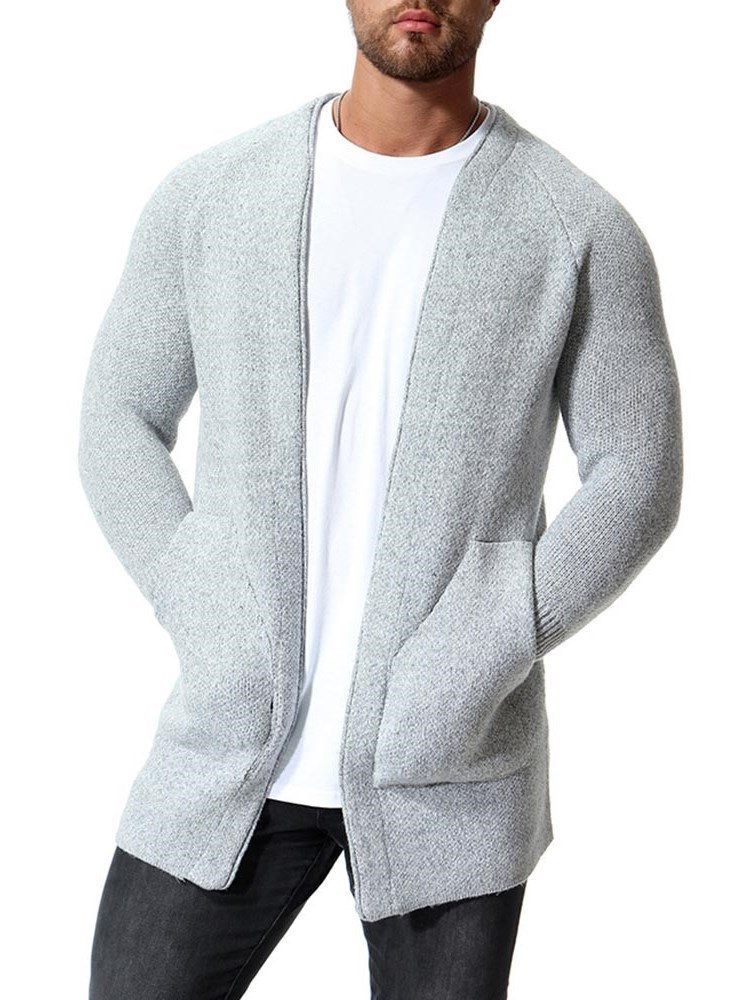 Cardigã Casual Masculino Liso E Magro Com Bolsos