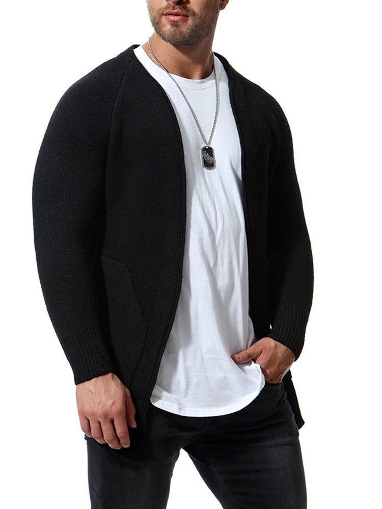 Cardigã Casual Masculino Liso E Magro Com Bolsos