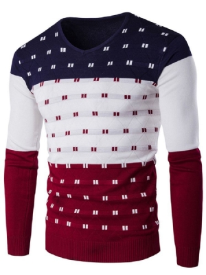 Color Block Exclusivo Suéter Slim Masculino Com Decote Em V