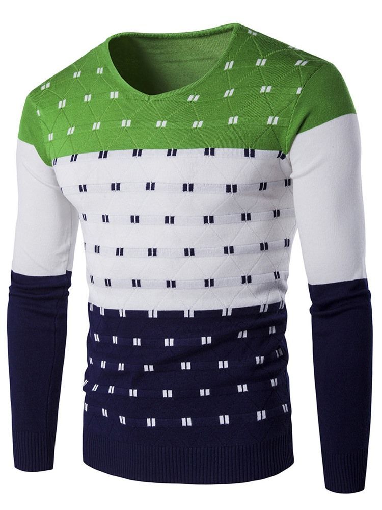 Color Block Exclusivo Suéter Slim Masculino Com Decote Em V