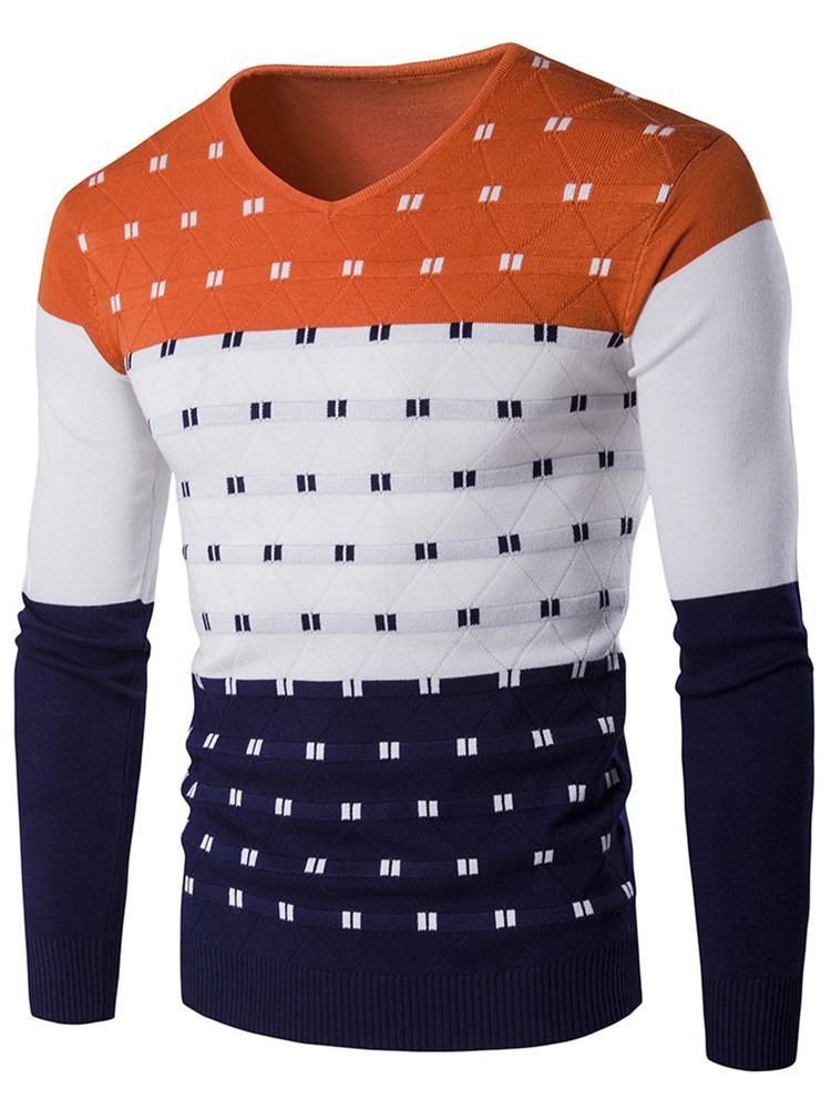 Color Block Exclusivo Suéter Slim Masculino Com Decote Em V