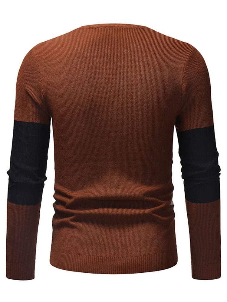 Color Block Patchwork Redondo Decote Suéter Slim Masculino Casual