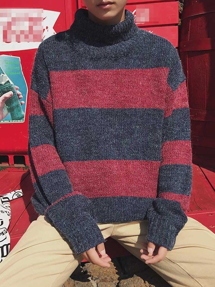 Suéter Coreano De Comprimento Médio Em Bloco De Gola Alta Solto Masculino