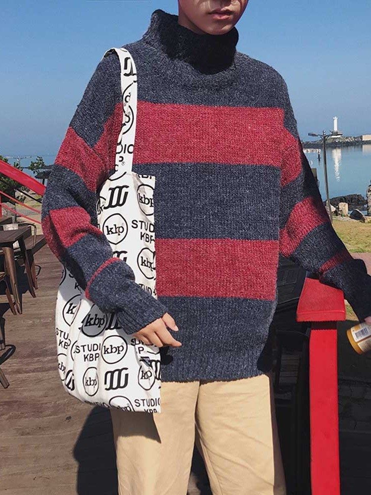 Suéter Coreano De Comprimento Médio Em Bloco De Gola Alta Solto Masculino