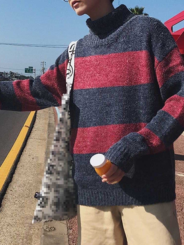 Suéter Coreano De Comprimento Médio Em Bloco De Gola Alta Solto Masculino