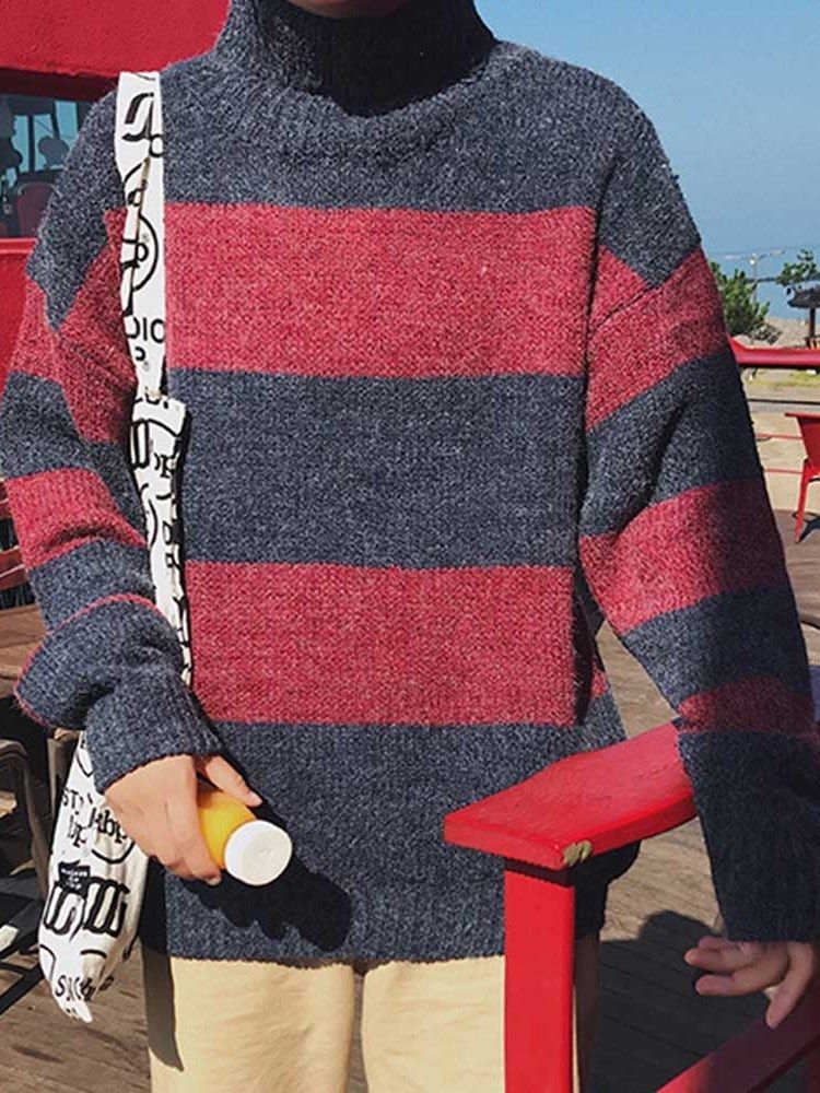 Suéter Coreano De Comprimento Médio Em Bloco De Gola Alta Solto Masculino