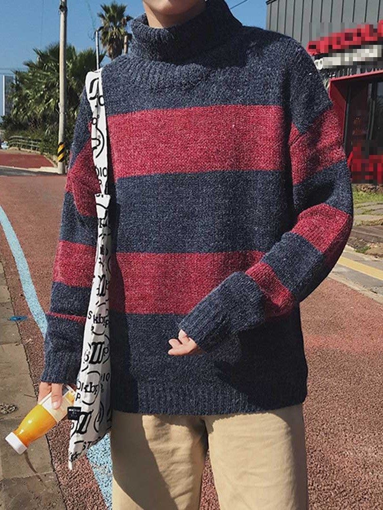 Suéter Coreano De Comprimento Médio Em Bloco De Gola Alta Solto Masculino