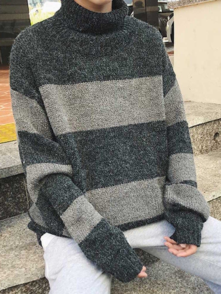 Suéter Coreano De Comprimento Médio Em Bloco De Gola Alta Solto Masculino