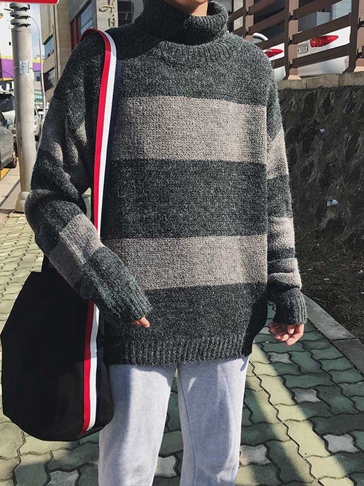 Suéter Coreano De Comprimento Médio Em Bloco De Gola Alta Solto Masculino