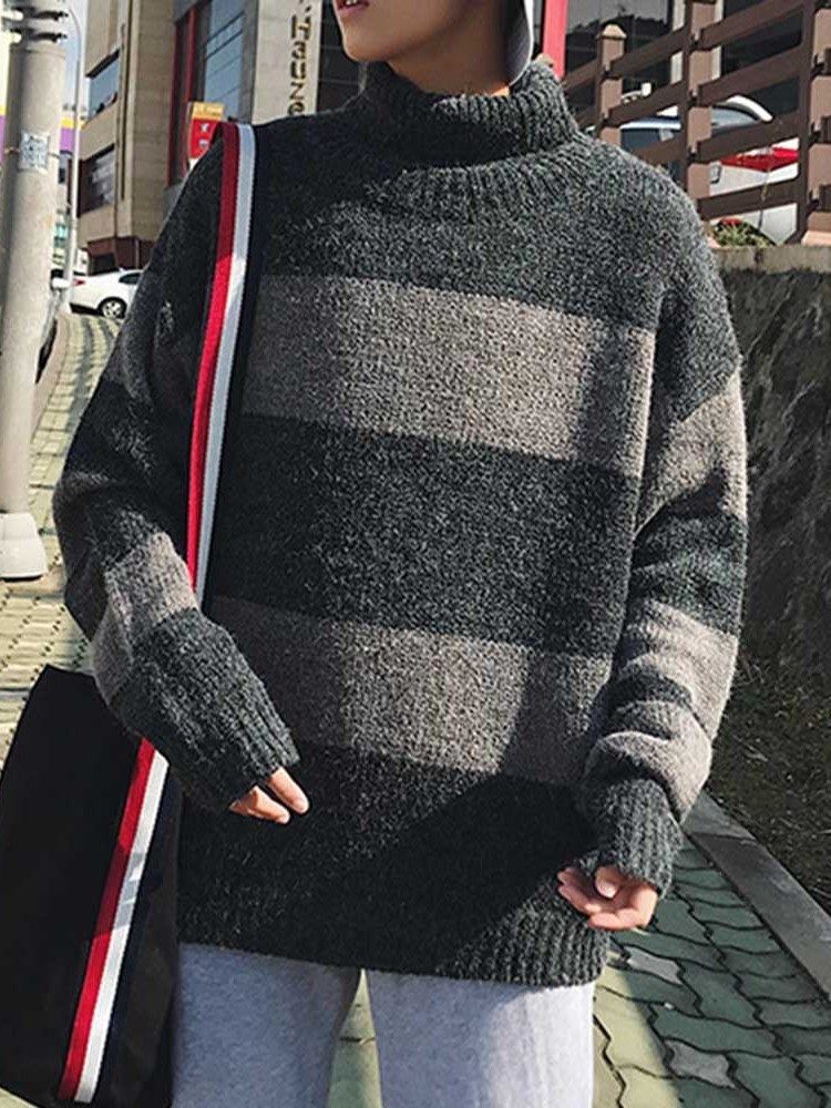 Suéter Coreano De Comprimento Médio Em Bloco De Gola Alta Solto Masculino