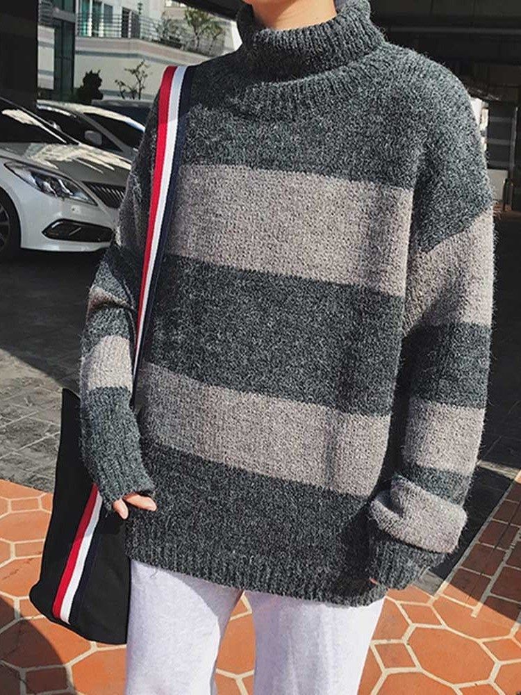 Suéter Coreano De Comprimento Médio Em Bloco De Gola Alta Solto Masculino